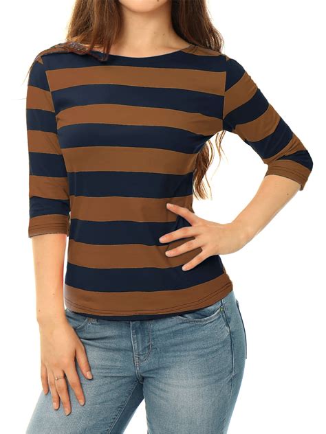 Unique Bargains Women S Boat Neck Elbow Sleeves Stripes Tee Shirt Blouse Walmart