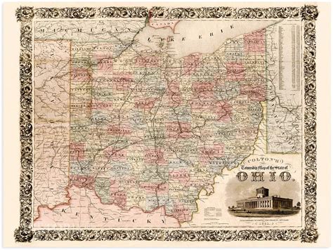 1851 State Of Ohio Map Vintage Township Map Of Ohio Usa Wall Art