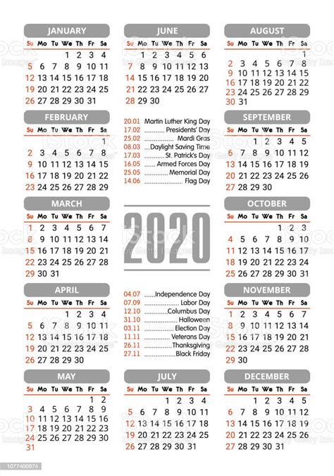 2020 Calendar Starting Sunday Stock Illustration Download Image Now