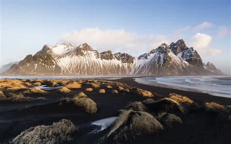 Wallpaper Iceland Vestrahorn Coast Sea Grass Mountains X HD Picture Image