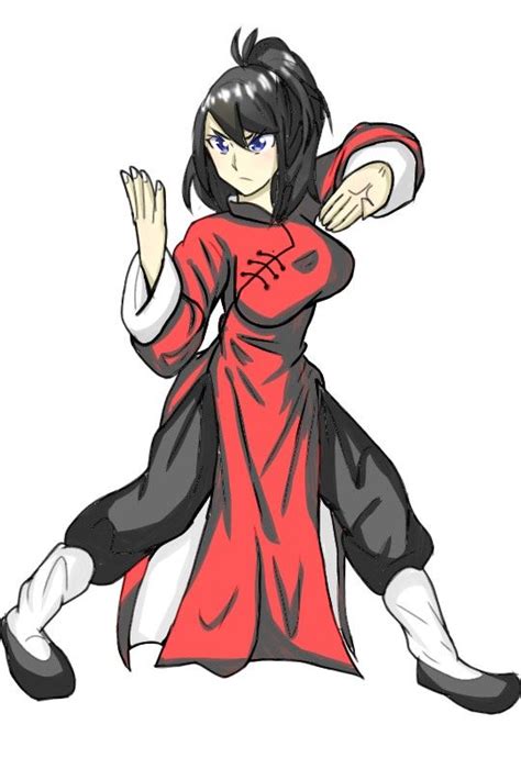 An Anime Character With Black Hair And Red Dress Holding Her Arms Out