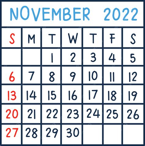 Calendário Simples De Novembro De 2022 Com Grade Png Calendário