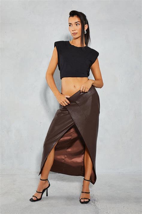 Skirts Leather Look Wrap Utility Midi Skirt Misspap