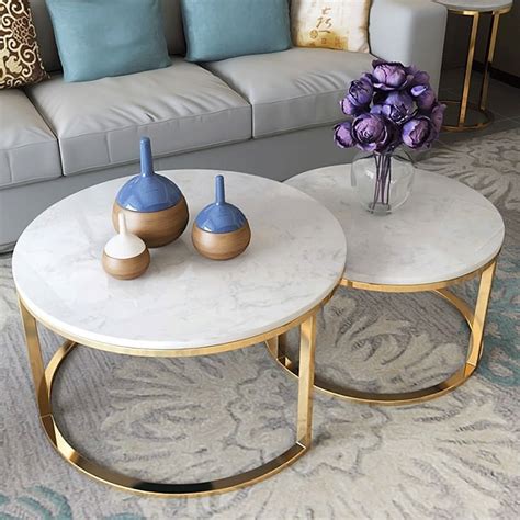 mende 2 piece engineered marble and metal round nesting coffee table set 80 60cm white gold