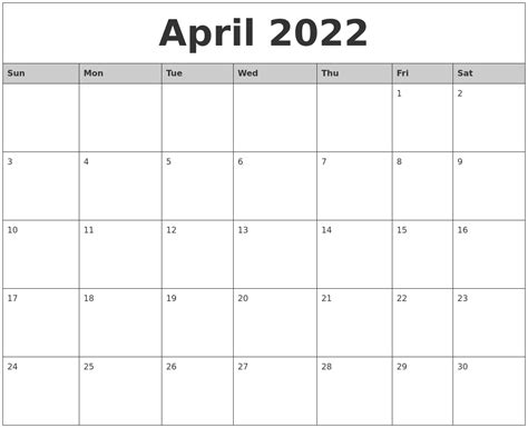 April 2022 Monthly Calendar Printable