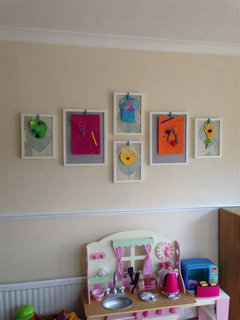 Kids Art Wall Display Made With Ikea Frames Wallpaper Samples And Pegs