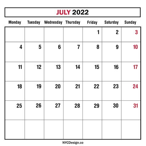 July 2022 Monthly Calendar Planner Printable Free Monday Start