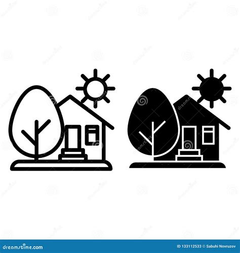 Countryside House Sun And Tree Line And Glyph Icon House With Tree