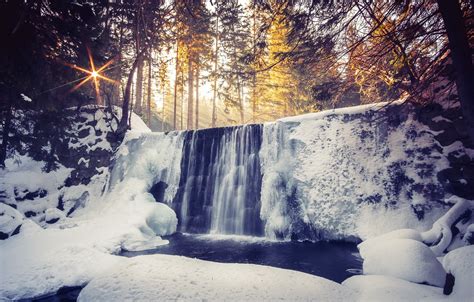 Wallpaper Winter Forest Light River Waterfall Morning Images For