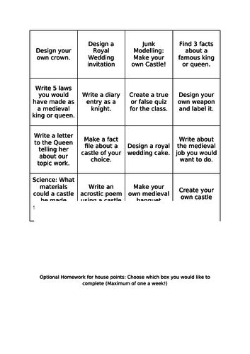 Castle Topic Homework Grid Teaching Resources