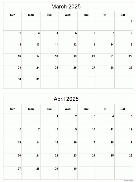 March To April 2025 Printable Calendar Two Months Per Page Printable