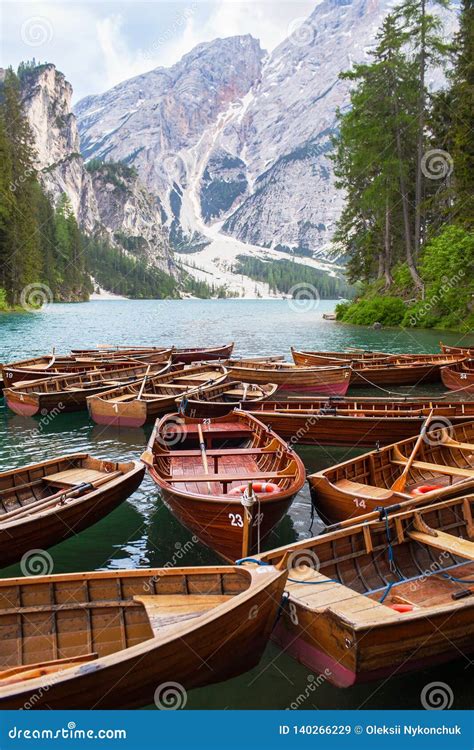 Red Boats Moored On A Mountain Lake In The Alps Stock Image Image Of