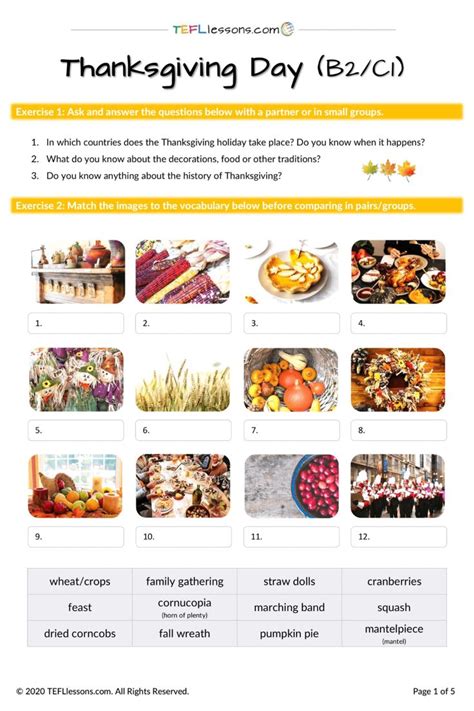 Thanksgiving English Lesson Free Esl Worksheet Tefl Lessons B2c1