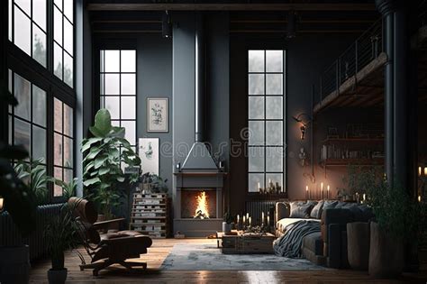 Dark Living Room Loft With Fireplace Industrial Style 3d Render