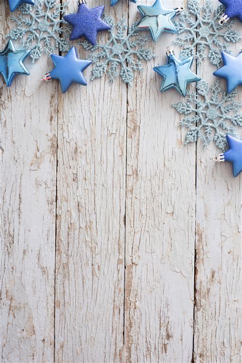 Photo Of Border Of Blue Ornaments On Rustic White Wood Free Christmas