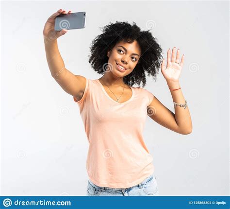 Young African American Woman Taking A Selfie Self Portrait Black Teenager People Stock