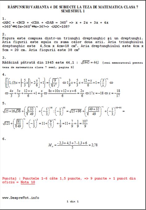 Teza Matematica Clasa 7 Sem 1 Rezolvata Varianta 4