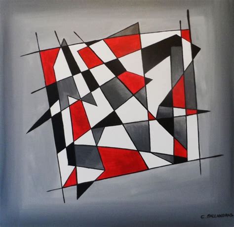 Tableau Peinture Abstrait Noir Rouge Quadrillage Formes Géométriques