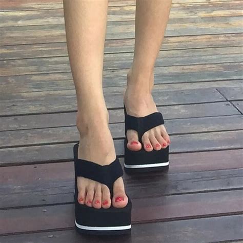 Pop Tide Black Wedge Platform Flip Flops Woman Shoes Nice Summer Women Shoes High Heels Beach