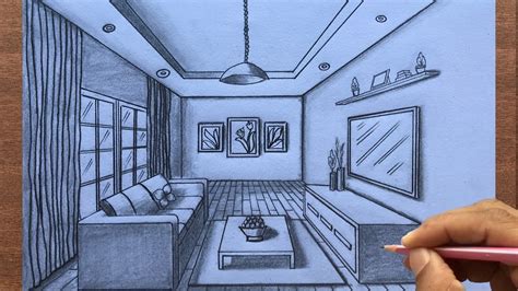 How To Draw A Living Room Using 1 Point Perspective Step By Steps Youtube