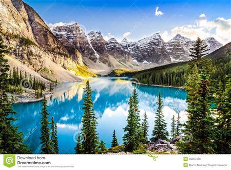 Scenic View Of Moraine Lake And Mountain Range Alberta Canada Stock