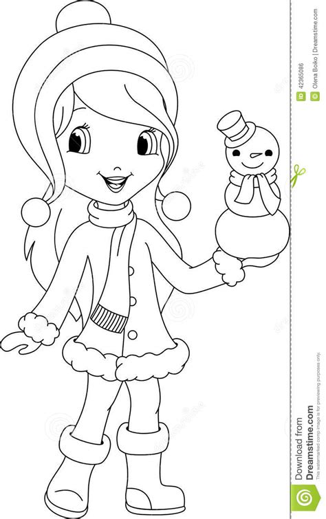 Girl And Snowman Coloring Page Stock Vector Illustration