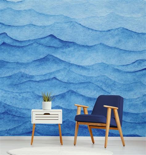 Printed on high quality self adhesive canvas. Ocean waves beautiful watercolor peel and stick wall mural ...
