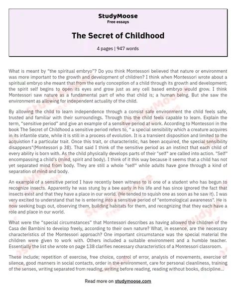 The Secret Of Childhood Free Essay Example