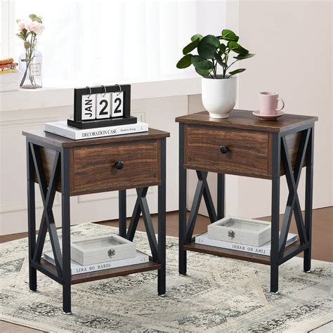 Vecelo Set Of 2 Nightstand End Side Table With Storage Drawer And Shelf Bedroom Furniture Brown