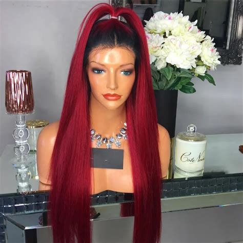 Ombre Red Human Hair Wigs Silky Straight Full Lace Wig Brazilian Virgin Hair Dark Roots Ombre