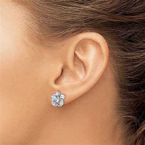 Genuine Aquamarine Flower Birthstone Earrings In Sterling Silver