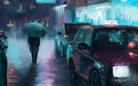 Download Wallpaper 2560x1600 Night City Rain Art Painting