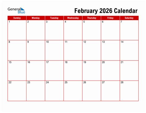 Basic Monthly Calendar February 2026