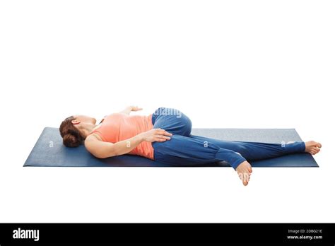 Woman Doing Yoga Asana Parivrtta Ardha Pawanmuktasana Revolved Knee