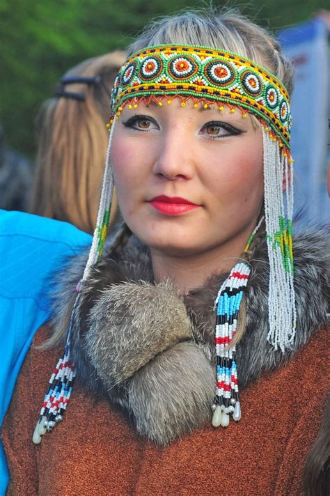 Evenk Woman In Beaded Headdress Lake Baikal Siberia Russia