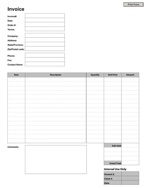 Blank Invoice Template Free Printable Excel