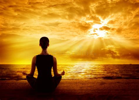 Yoga Meditating Sunrise Woman Mindfulness Meditation On Beach Stock