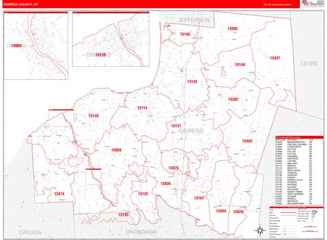Oswego County, NY Zip Code Wall Map Red Line Style by MarketMAPS - MapSales