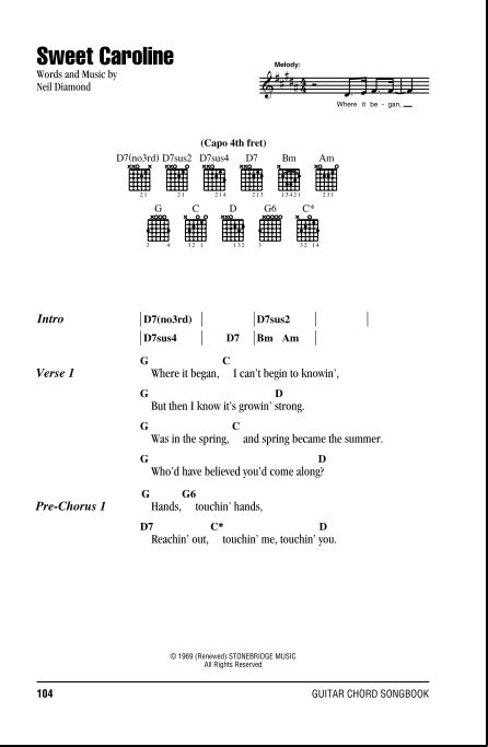 Sweet Caroline Guitar Chordslyrics Zzounds