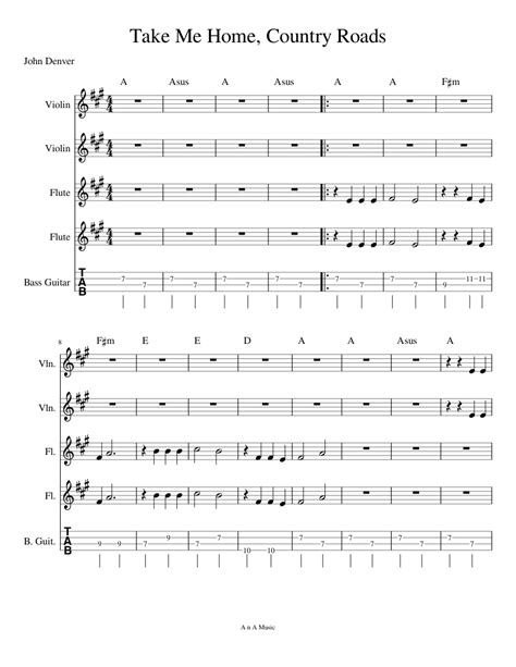 Take Me Home Country Roads Sheet Music For Violin Flute Bass