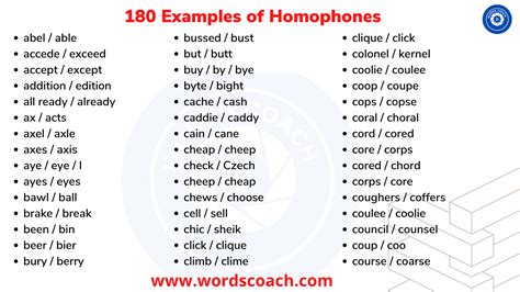 180 Examples Of Homophones Word Coach