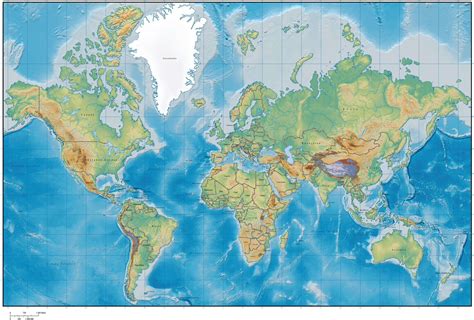 World Map With Land And Ocean Floor Terrain With Country