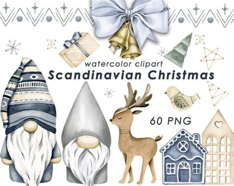 Watercolor Scandinavian Christmas Clipart Nordic Gnomes Png Etsy Uk