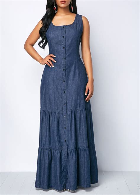 Sleeveless Button Front Denim Blue Maxi Dress Denim Maxi Dress Maxi Dress Casual Dresses