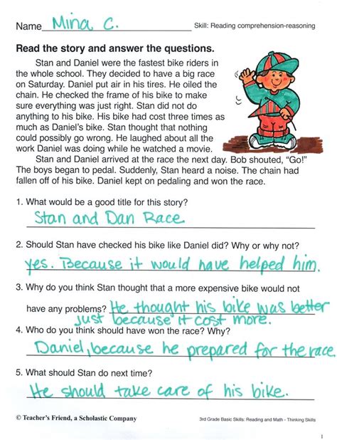 Practice Reading A Short Story And Answering Comprehension Qu First Grade Reading