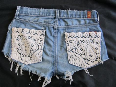 Womens Cutoff Denim Shorts With Crochet Pocket Detail Etsy