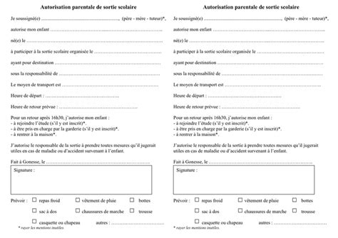 Modelé d autorisation parentale de sortie scolaire DOC PDF page 1