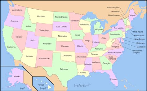 Find information about weather, road conditions, routes with driving directions. Map of The United States in Esperanto - Brilliant Maps