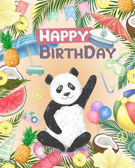 Happy Birthday Card Cute Panda Balloon Stock Illustrations