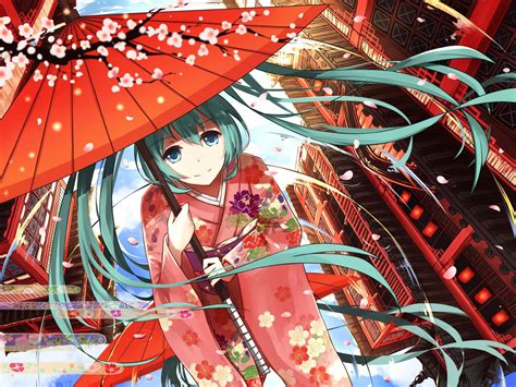Wallpaper Flowers Anime Girls Red Umbrella Vocaloid Hatsune Miku